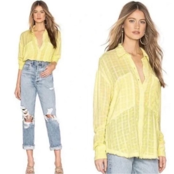 Free People Loveland Woven Plaid Button Down Shirt Citron Yellow - Picture 2 of 12